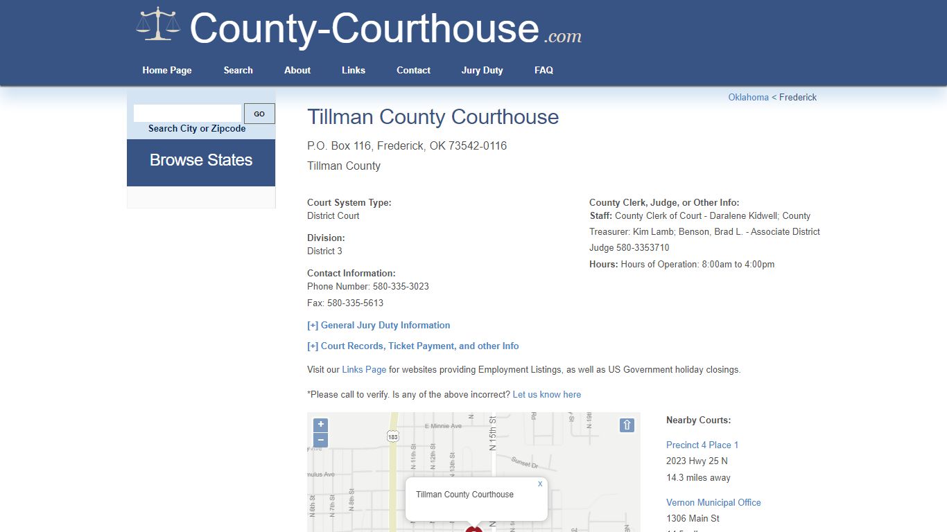 Tillman County Courthouse in Frederick, OK - Court Information